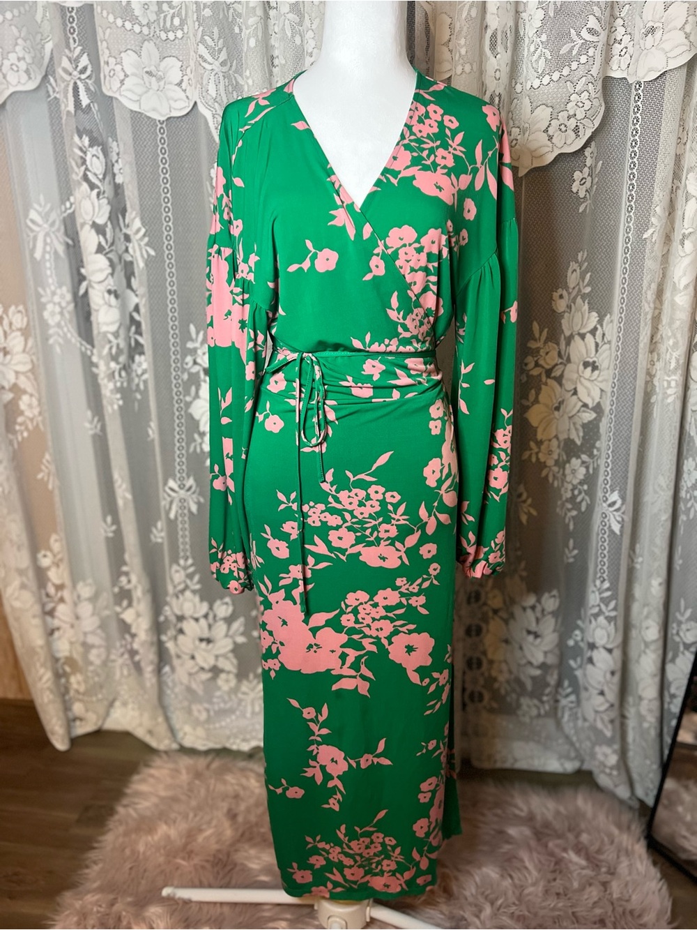 ASOS Green Midi Dress with Pink Floral Pattern